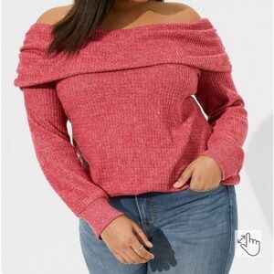 torrid Off-Shoulder Ribbed Sweater Top in Heathered Coral